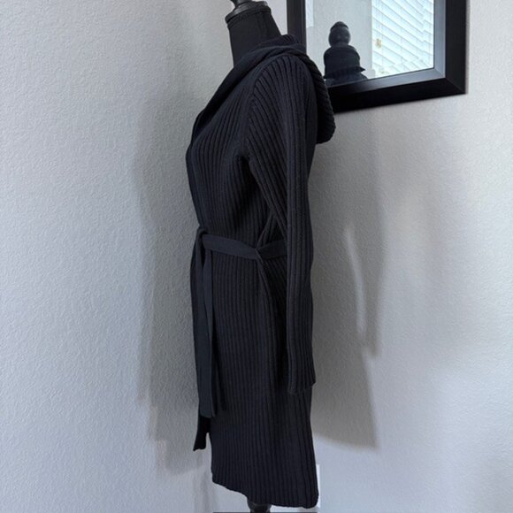 VINTAGE Y2K Black Ribbed Hooded Duster Cardigan Sweater Small - Picture 5 of 11
